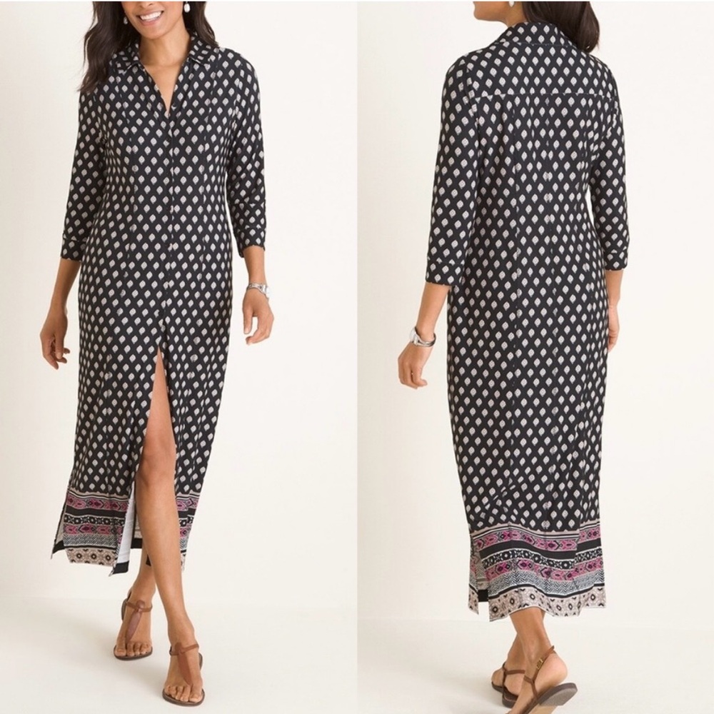 Chicos Diamond-Print Collared Button Front Maxi D… - image 1